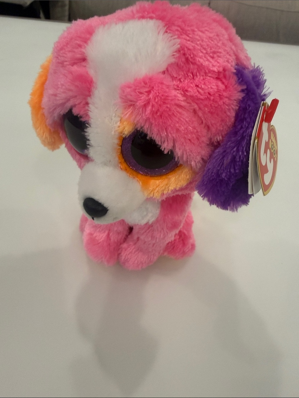 Ty Pink Plush Puppy with Purple Ears and Orange Accents